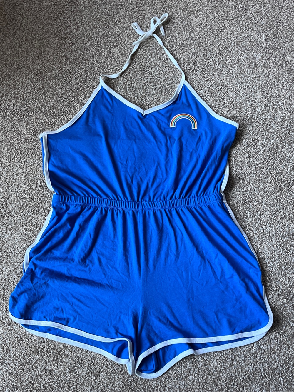 Joe Boxer Blue Romper with White Trim and Rainbow Patch